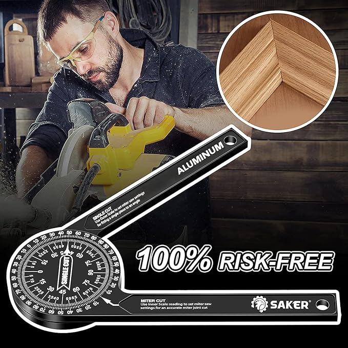 Saker Miter Saw Protractor|7-Inch Aluminum Protractor Angle Finder Featuring Precision Laser-Inside & Outside Miter Angle Finder for Carpenters, Plumbers and All Building Trades (Black)