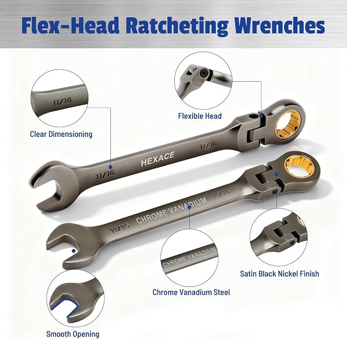 22 PCS Flex Head Ratcheting Wrench Set, 180° Flex Head, Metric & SAE | 180°Pivoting Head, Metric 6–18mm & SAE 1/4–3/4", Anti-Slip Combination Wrenches with Organizer Box, Satin Black Nickel Finish