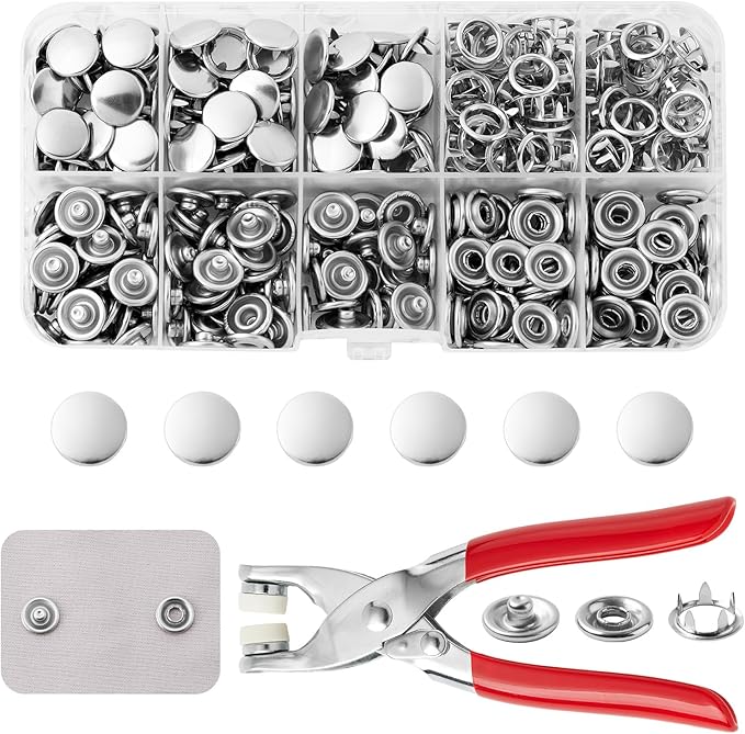 DEVPSISR 100 Sets Metal Snaps Buttons with Fastener Pliers Press Tool Kit Perfect for DIY Crafts Clothing Sewing, 9.5mm Snap Button Fasteners Kit（Silver Solid）