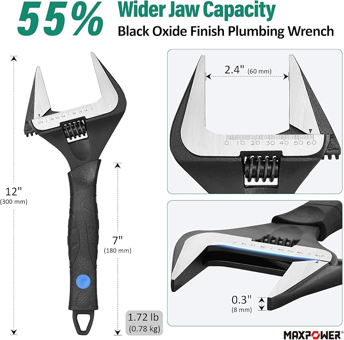MAXPOWER 12-inch Wide Jaw Adjustable Wrench, 2.4" Jaw Opening, Cr-V Steel | Stubby Plumbing Wrench, Soft Grips, Smooth Jaws