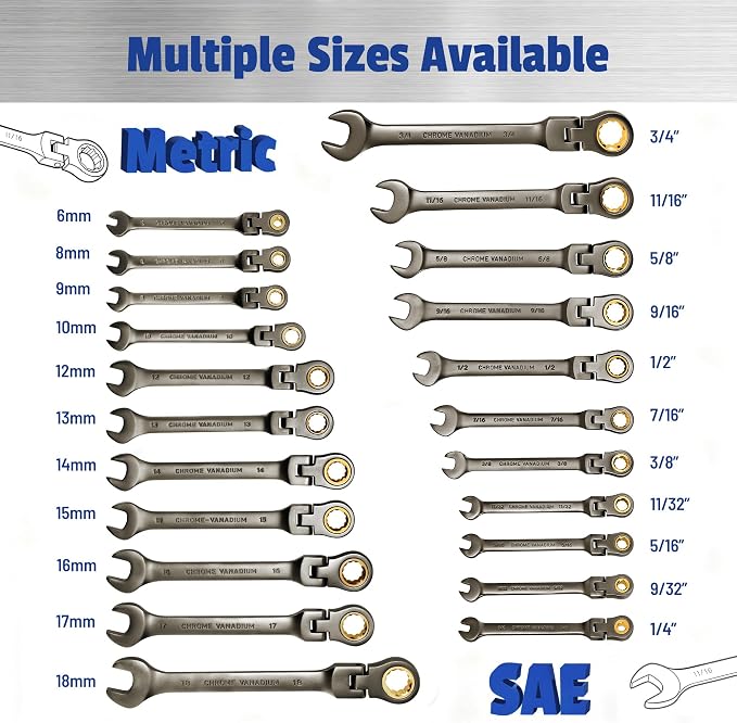 22 PCS Flex Head Ratcheting Wrench Set, 180° Flex Head, Metric & SAE | 180°Pivoting Head, Metric 6–18mm & SAE 1/4–3/4", Anti-Slip Combination Wrenches with Organizer Box, Satin Black Nickel Finish