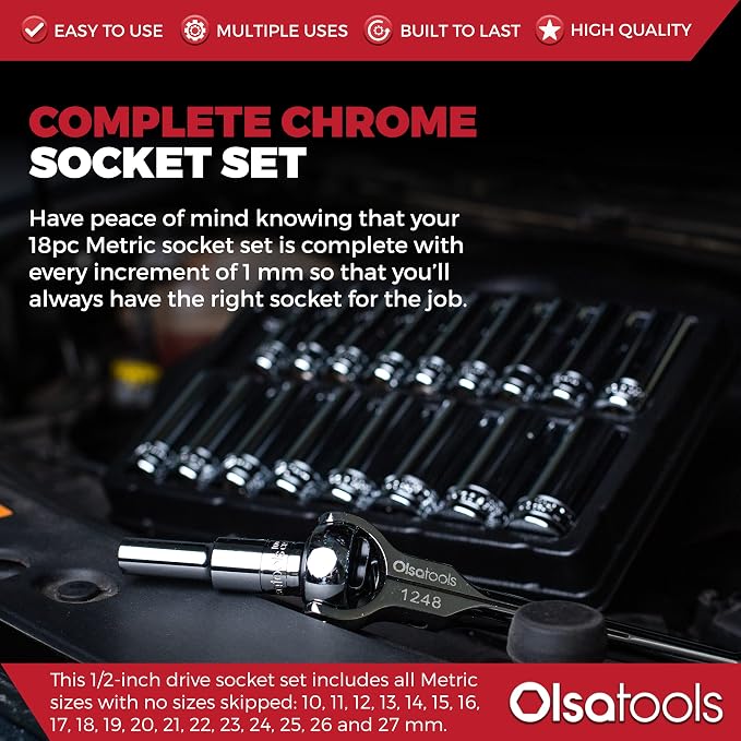 Olsa Tools 1/2-Inch Drive SAE Deep Socket Set - 18pc | 6-Point Chrome Vanadium Sockets, 10mm–27mm, No Skipped Sizes - Professional-Grade SAE Socket Sets - Part: 1325