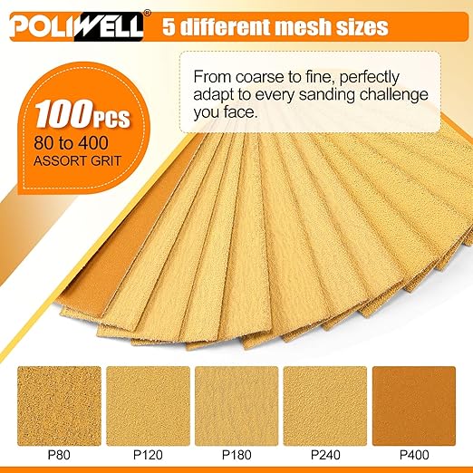 POLIWELL 100 Pcs Hand Sander Kit, 3.5” x 1” Mini Micro Sander for Small Projects, Detail Finger Sanding Block Tools, 80 120 180 240 400 Grit Wet Dry Sandpaper Sheets for DIY Crafts Wood Plastic