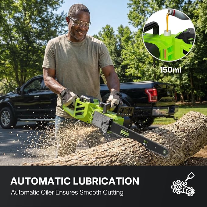 WORKIT 16 Inch Electric Chainsaw, 40V Brushless Chain Saw Cordless with 2×4.0Ah Batteries, Tool-Free Chain Tension, Auto Oiling, Battery Chainsaw for Tree Trimming, Wood Cutting, Yard Work