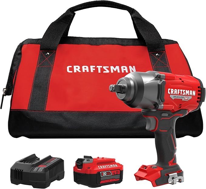 CRAFTSMAN V20 RP Impact Wrench, Cordless, Brushless, High Torque, 1/2 Inch, 4Ah Battery and Charger Included (CMCF940M1)