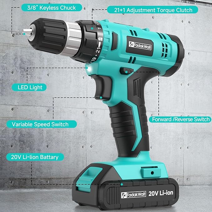 FADAKWALT Cordless Drill Set, 20V Electric Power Drill With Battery And Charger, 30N Torque, 21+1 Settings, 3/8-Inch Keyless Chuck, Driver Bits Kit, LED Light (Turquoise）