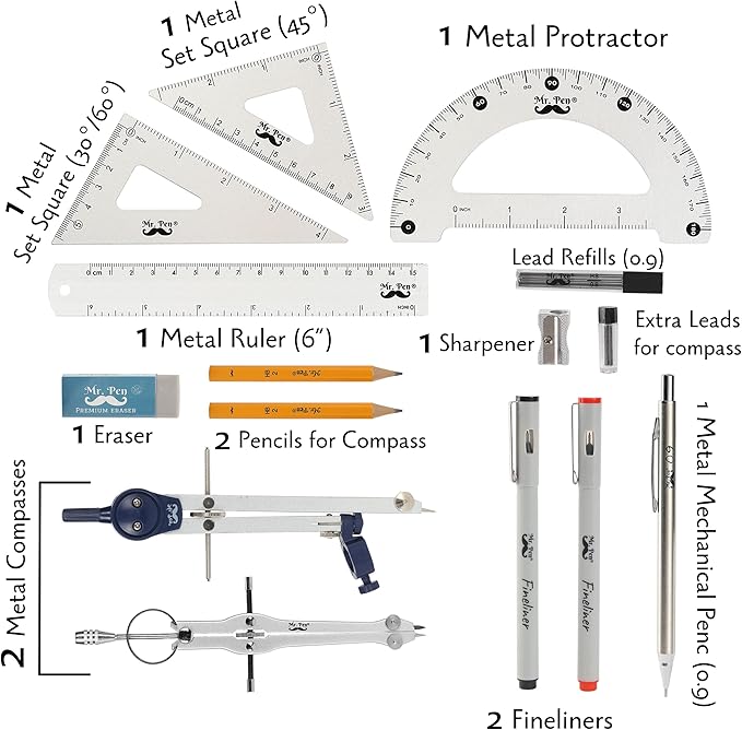 Mr. Pen- Professional Geometry Set, 15 pcs, Drafting Tools with Protractor, Compass, Metal Ruler, Triangles, Pens & Pencils, Complete Geometry & Drafting Kit for Architects, Engineers & Students