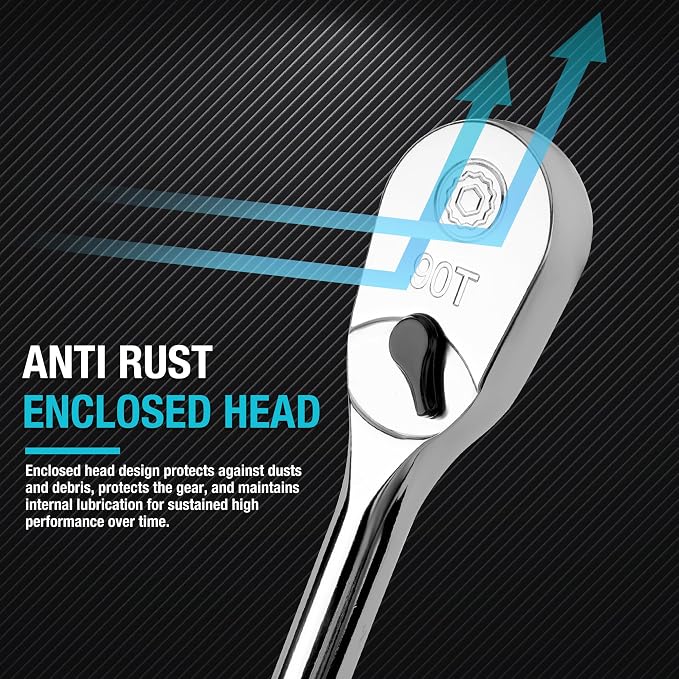 DURATECH Extra Long Handle 1/4-Inch Drive Ratchet, 90-Tooth Ratchet Wrench | Socket Wrench with 8" Handle and Dust Proof Teardrop Enclosed Head, Reversible, CR-V Steel Made, CR-MO Head, Full Polished
