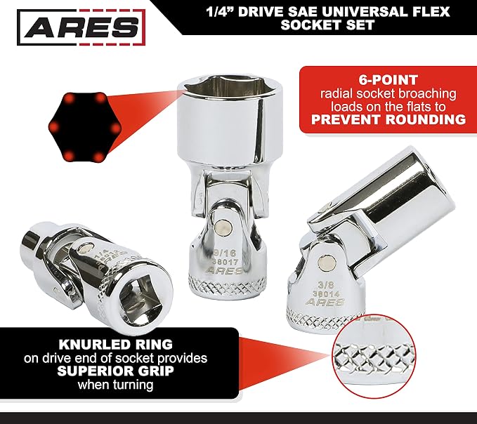 ARES 39014 7-Piece 1/4-Inch Drive SAE Universal Flex Socket Set | 6-Point Sockets from 3/16-Inch to 9/16-Inch; Universal Joint Flex Design For 360 Degree Access