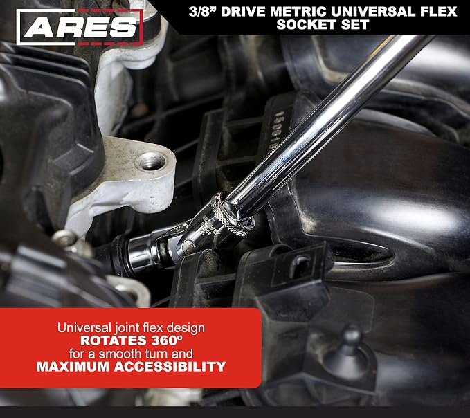 ARES 39015 10-Piece 3/8-Inch Drive Metric Universal Flex Socket Set | 6-Point Sockets from 10mm to 19mm; Universal Joint Flex Design For 360 Degree Access