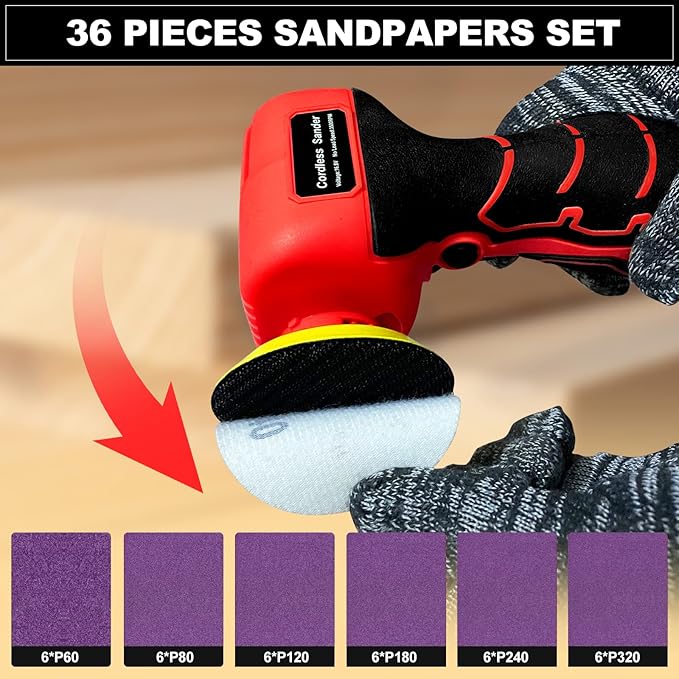 16.8V Cordless Electric Sander with 36PCS Sandpapers, 3500 RPM, 2Pcs 3.0Ah Batteries, Lightweight & Compact Design for Wood, Metal, Paint Removal, and DIY Projects