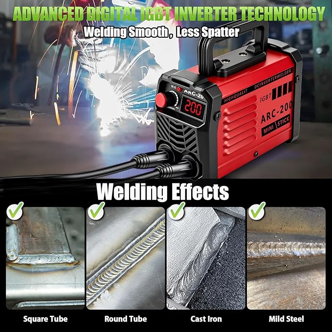 Hpoouo 200Amp 20PCS Rods Stick Welder, Super MINI Portable Welding Machine, IGBT Inverter Welder Machine 110V with Hot Start Arc Force Anti-Stick, for 1/16"-1/8" Rod ARC Welder, 2 Chip Hammers (Red)