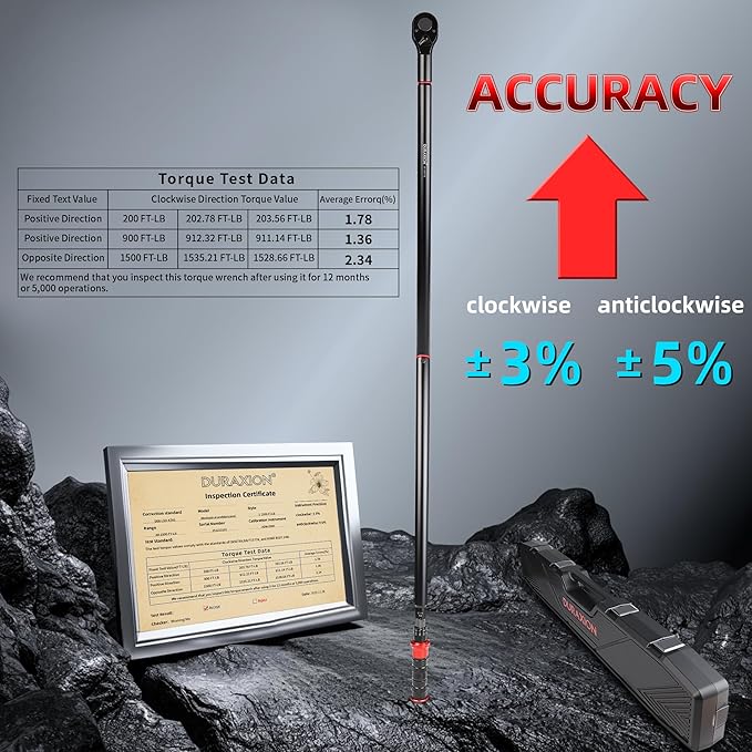 1-Inch Drive Torque Wrench 200-1500ft.lb/271.16-2033.73Nm, ±3% Precision Dual Direction Torque Wrenches with 24-Tooth Dual Range Scales with Ft.Lbs and N.m