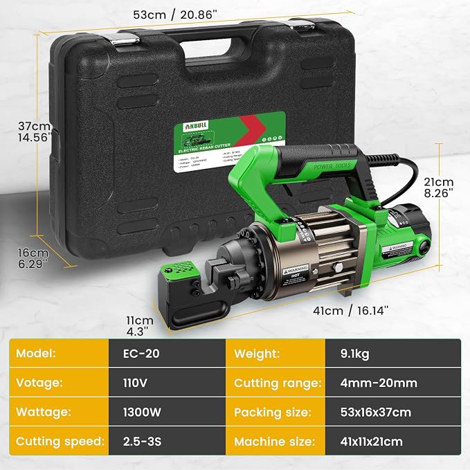 Anbull 1300W Electric Hydraulic Rebar Cutter, Cutting up to 3/4 Inch 4-20mm #6 Rebar, with Replaceable Jaw Blades, Cutting Speed 2.5-3S (1300W EC-20)