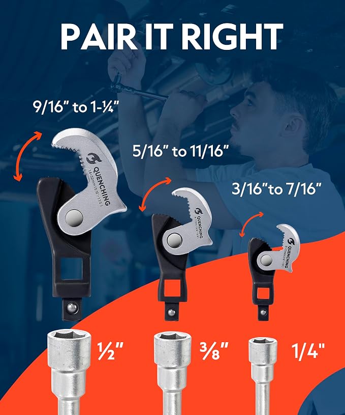 QUENCHING Crowfoot Wrench Set, Self-Adjusting 3-Piece Kit for Automotive Repair, Fits 1/4", 3/8", 1/2" Drives, 5–32mm Range, Spring-Loaded Grip for Tight Access Bolts, Fuel Lines & Brake Line Work