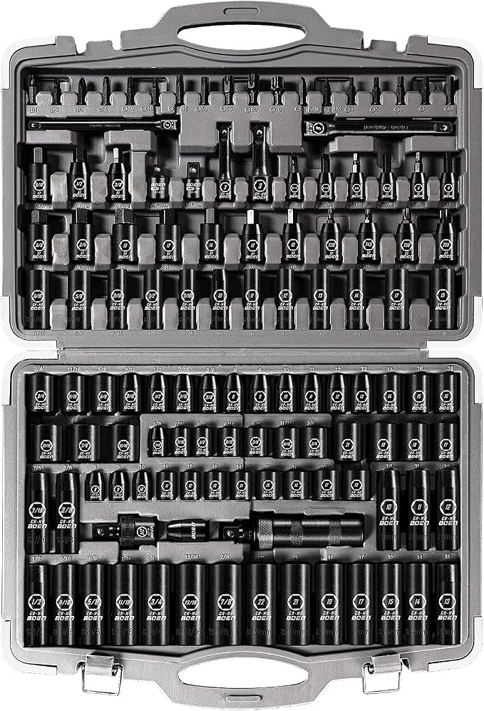 boen 119 Piece Impact Socket Set, 1/2" & 3/8" Drive Socket Set Deep/Shallow SAE/Metric, Cr-MO & S2, 6 Point, Impact Bit, Allen Sockets Included