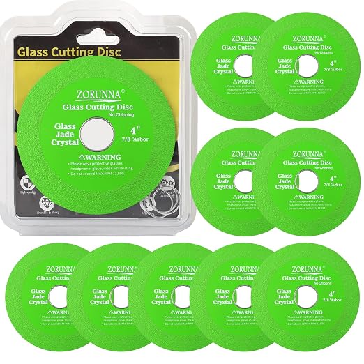 ZORUNNA 10 Pack Glass Cutting Disc for Angle Grinder, 4" X 7/8" Tile Diamond Cutting Disc, Ultra-Thin Glass Cutter Blade for Cutting and Grinding Jade, Crystal, Tile, Ceramic.