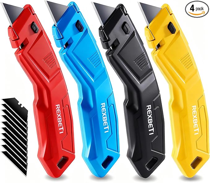 REXBETI 4-Pack Utility Knife, Heavy Duty Aluminum Shell Retractable Box Cutter for Cartons, Cardboard and Boxes, Extra 10 Blades Included