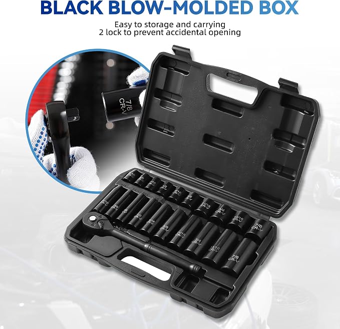 Reniteco 21-Piece 3/8" Drive Socket Set, SAE 5/16"-7/8", 72-Tooth Cr-V | Deep & Shallow Sockets, 6-Point Design, 72-Tooth Reversible Ratchet Wrench, Chrome Vanadium Steel, Durable for Pro & DIY Use