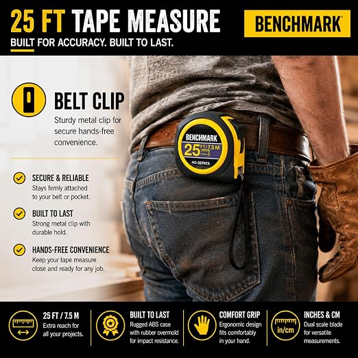10 Pack - Tape Measures 25ft / 7.5m – Inch & Centimeter Marks. Rugged Outer Shell with Easy Grip Design - High Visibility Steel Tape - Thumb Lock - Autowind - Belt Clip – Retractable Measuring Tape