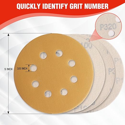 WORKPRO 150-piece Premium Sanding Discs Set, 5" 8 Holes Hook and Loop Sandpaper, 60 80 100 120 150 180 240 320 400 600 Assorted Grits for Random Orbital Sander, Fits Woodworking & Metalworking, Gold