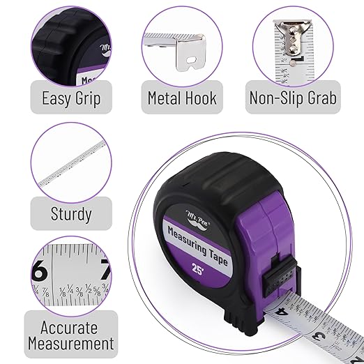 Mr. Pen- Retractable Tape Measure 25 ft, Purple, Easy Read, Steel Retractable Measuring Tape with Fractions, Ideal for Construction & DIY Projects