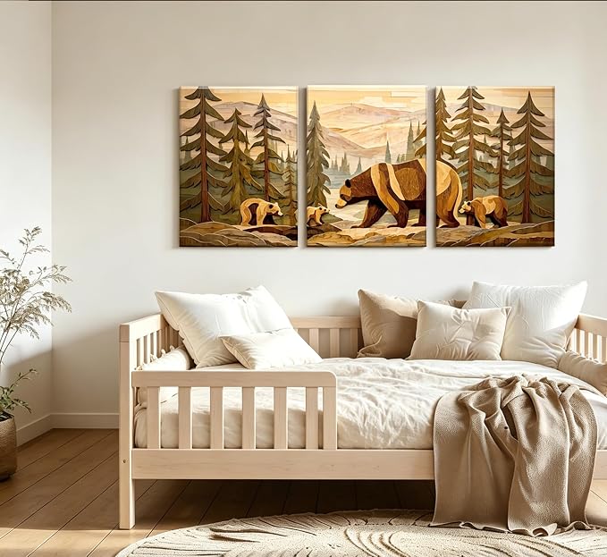 Frimeeme 3-Piece Framed Rustic Forest Bear Canvas Wall Art,Woodland Cabin Decor, for Cabin, Farmhouse, Living Room, Bathroom,16x24 Inch