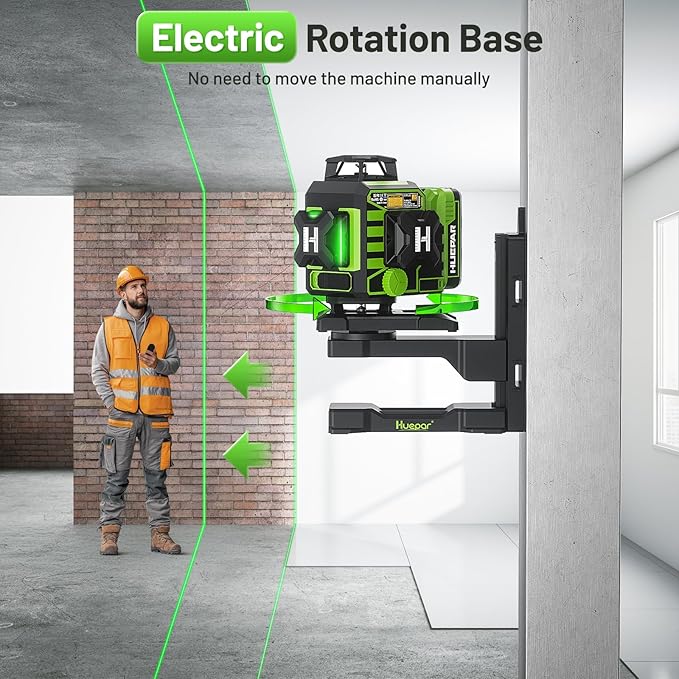 Huepar W04CG 4D Laser Level with Receiver for Outdoor or Longer Distance Use, Up to 400 ft, 4x360° Self Leveling Green Lazer Leveler Tool for Construction, Tiling, Framing, Drop Ceiling, Floor etc.