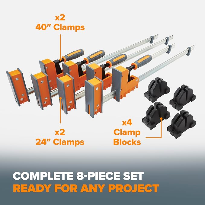 Bora 8 Piece Parallel Clamps Woodworking Set - Two 24 Inch and Two 40 Inch Wood Clamps with 4 Bar Clamp Blocks Heavy Duty Bar Clamp for Wood Working - 1100 Lbs of Clamping Force - DIY Bora Clamp Set