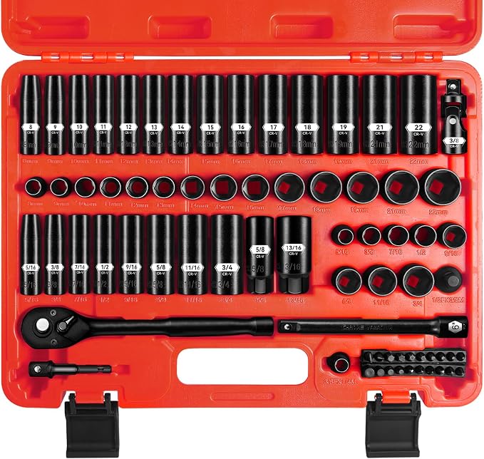 3/8 Inch Drive Impact Socket Set, 72 PCS Standard SAE(5/16"- 3/4") & Metric(8-22mm) With Spark Plug, 6 Point Deep & Shallow, 72T Wrench Ratchet Tool Kit, Cr-V With Heavy Duty Storage Case