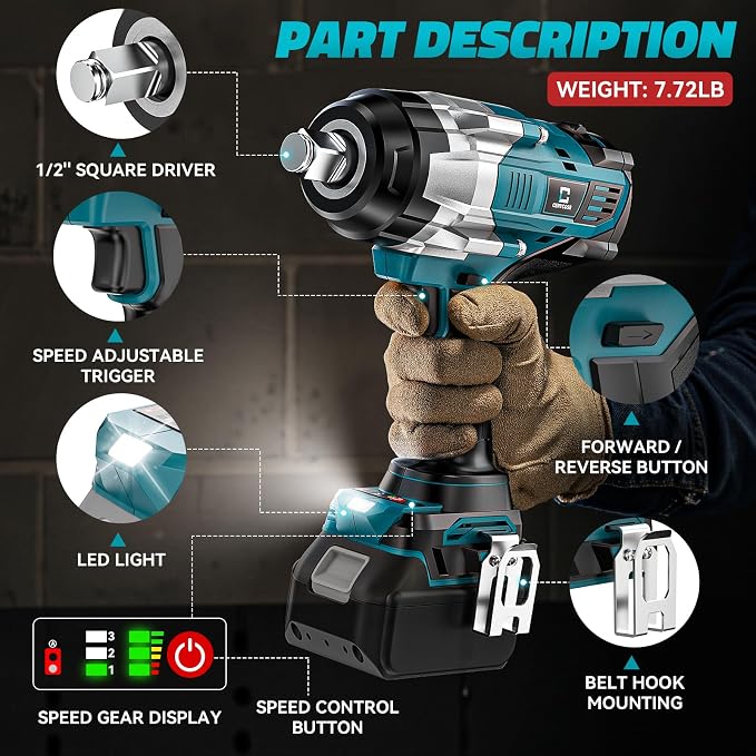 Cerycose Cordless Impact Wrench 1/2 inch Compatible with Makita 18V Battery: 1700FT-LBS High Torque Impact Wrench Heavy Duty Tool - Brushless Electric Impact Gun Includes LED Work Light with 6 Sockets