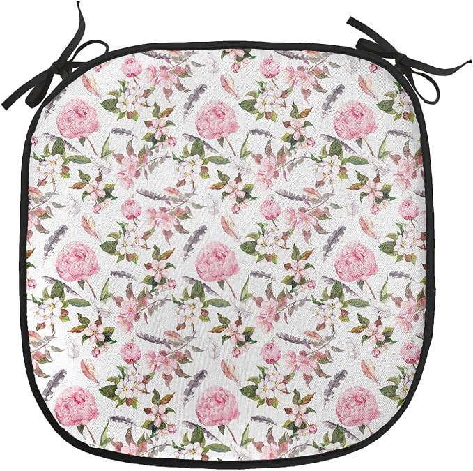 Lunarable Flower Chair Cushion Pads Set of 8, Apple and Cherry Flowers Blossoms Feathers Shabby Classical Botanic Retro, Anti-Slip Seat Padding for Kitchen & Patio, 16"x16", Pale Pink Green Grey