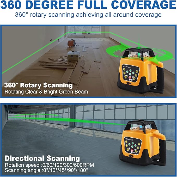 Rotary Laser Level Kit, 360 Degree Automatic Self Leveling Green Beam Horizontal Laser Transit, 500m Working Range for Construction, Building, Surveying