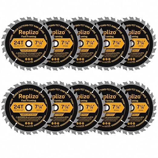 7-1/4 Inch Circular Saw Blade 10 Pack, 24T Carbide Tipped Framing Saw Blades with 5/8 Inch Arbor, Fast Wood Cutting Blades for Hardwood, Softwood, Plywood, OSB and Lumber