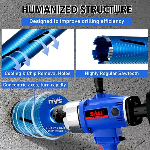 SALI Diamond Core Drill Bits 2" Diameter 10"/254mm Drilling Depth 5/8-11" Thread Core Bit Turbo Laser-Welded Segments for Cured Concrete with, Brick, Block, Masonry, with Two Adapters