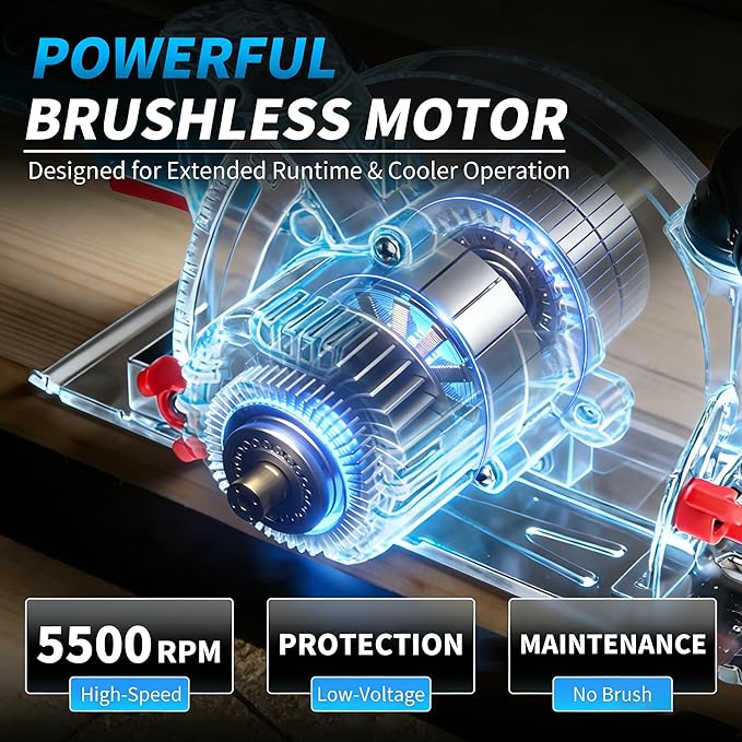 6-1/2" Cordless Circular Saw, 21V Brushless Power Circle Saw 2 x 6.0AH Battery, 5500RPM sierra Circular Inalambrica with 3 Cutting Blades, Max Cut Depth 2-1/4"(90°), 1-7/16" (45°) for Wood, PVC