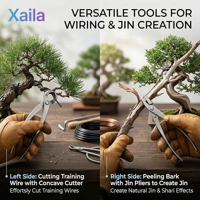 Xaila 7-Piece Bonsai Tool Set with Bag – Professional Knob,Concave,Wire Cutter,Trunk Splitter,Jin Pliers and Bonsai Scissors | Heavy Duty Stainless Steel Gardening Kit for Pruning