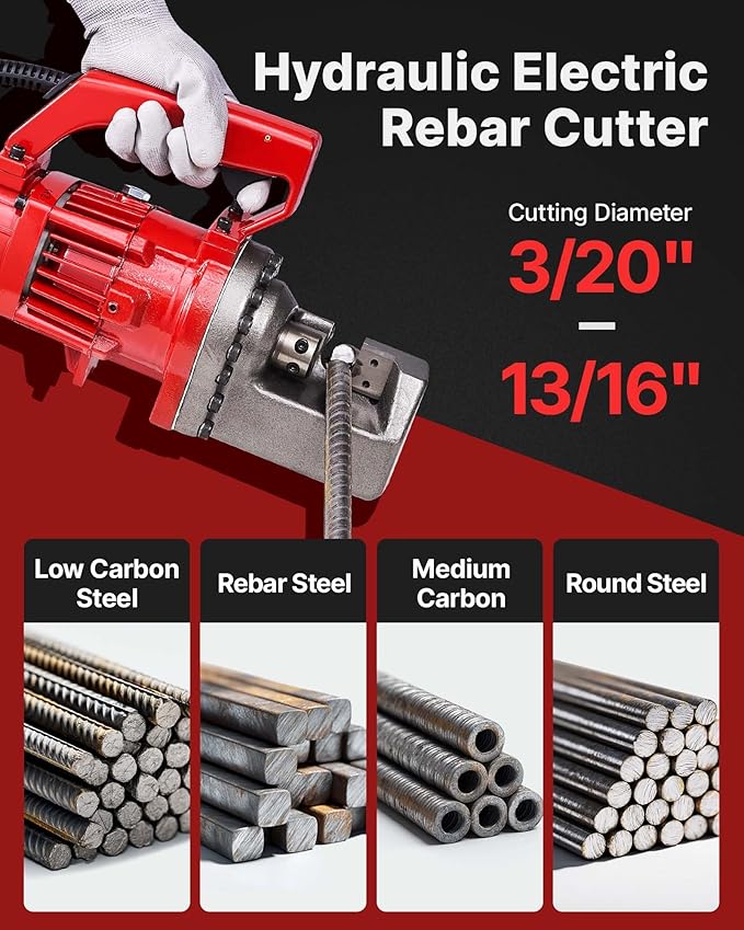 VEVOR Electric Hydraulic Rebar Cutter 1250W 110V - Portable, Cuts #6 4-20mm Rebar in 4 Seconds, with Stainless Steel Carry Case