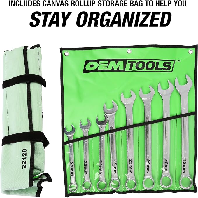OEMTOOLS 8-PC 12 Pt. Metric Jumbo Combination Wrench Set 21 mm - 32 mm | Chrome Plated Finish Box End Wrenches, 15° Offset, Includes Canvas Wrench Roll, Drop-Forged Alloy Steel