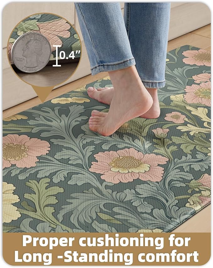 Color&Geometry Floral Kitchen Mat 24"x59", Anti Fatigue Mats for Kitchen Floor, Kitchen Rugs Non Slip, Waterproof & Oil Proof Kitchen Runner for Standing Desk Office, Sink - Sage Green