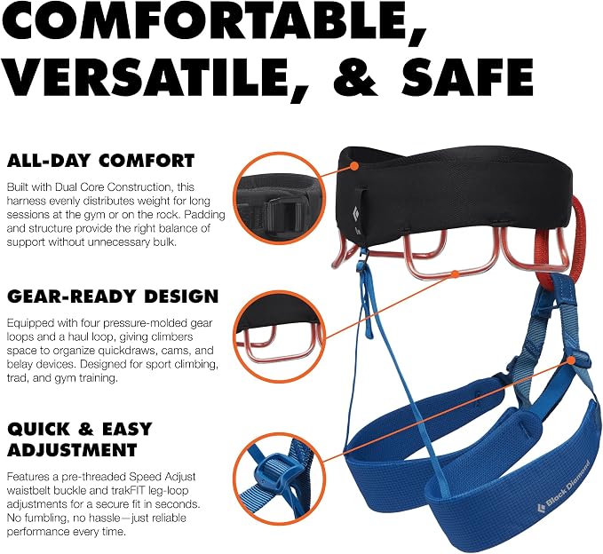 BLACK DIAMOND Men's Momentum Rock Climbing Harness, Adjustable Loops | trakFIT leg loops, pre-threaded buckle, gear loops organize quickdraws, cams, belay tools, and essentials
