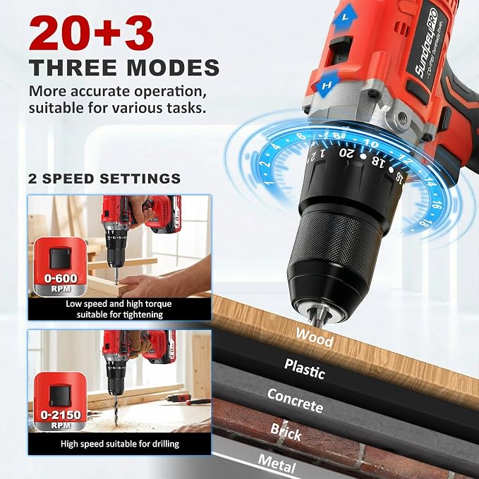 1060In·lbs Cordless Hammer Drill - 21V Brushless Power Drill Set with 2 × 4.0Ah Batteries, 20+3 Torque Settings, 2 Speeds, Fast Charger, 1/2" Metal Chuck for Lightweight-Concrete Wood Metal