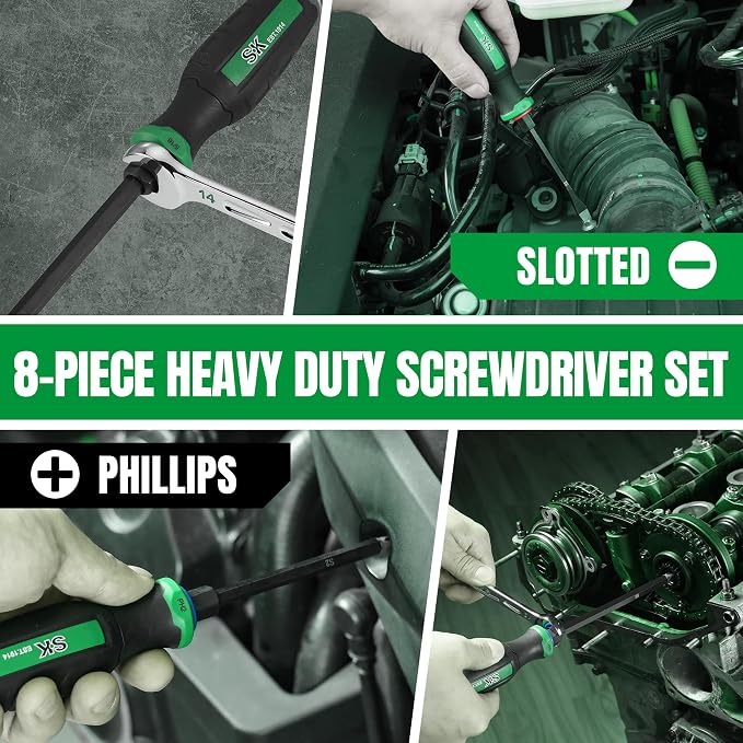 SK 8-Piece Heavy Duty Screwdriver Set, Demolition Driver, Slotted and Phillips, S2 Steel, SureGrip Handle