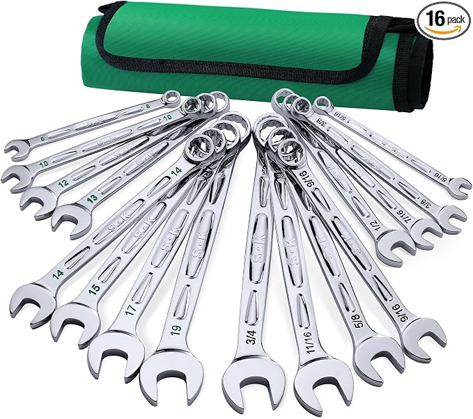 SK Combination Wrench Set, SAE & Metric, 16-Piece, Premium CR-V Steel | 12-Point, SureGrip Drive Design, 15-Degree Offset End, Drop Forged, SuperKrome Finish, with Rolling Pouch