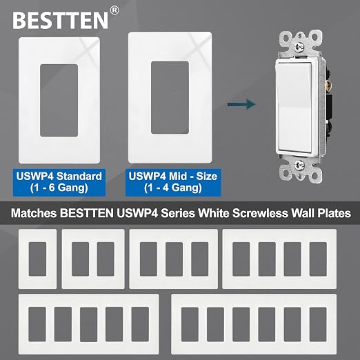 BESTTEN 10 Pack 3-Way Decorator Wall Light Switch with Wallplate, 15A 120V/277V, Single Pole or Three Way, On/Off Paddle Rocker Interrupter, UL Listed, White
