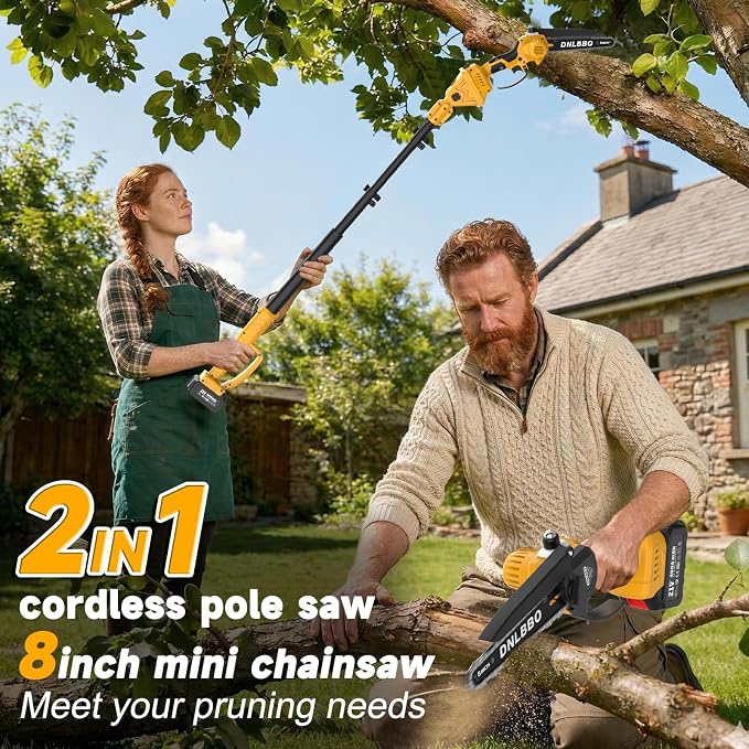 Cordless Pole Saw for Tree Trimming, 8IN Brushless 2-in-1 Electric Chainsaw | 1*4000mAh Battery, Auto Oiler, Max 16Ft Extension Pole, Auto Oil, 1000W Brushless Saw for Faster Tree Trimmer & Wood Cutting