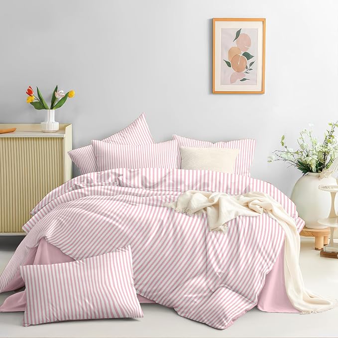 Sedefen Striped Duvet Cover King Size Pink Stripes Duvet Cover Set 3 Pcs Kids Boys Girls Women White Geometric Stripe Reversible Soft Microfiber Bedding Set with 2 Pillowcases