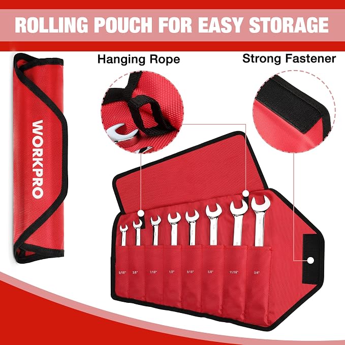 WORKPRO 8-piece Ratcheting Combination Wrench Set, SAE & Polished | SAE 5/16-3/4", 180° Flex-Head, 72-Tooth Ratchet, Cr-V Steel, Roll Up Pouch for Auto Repair & Home DIY