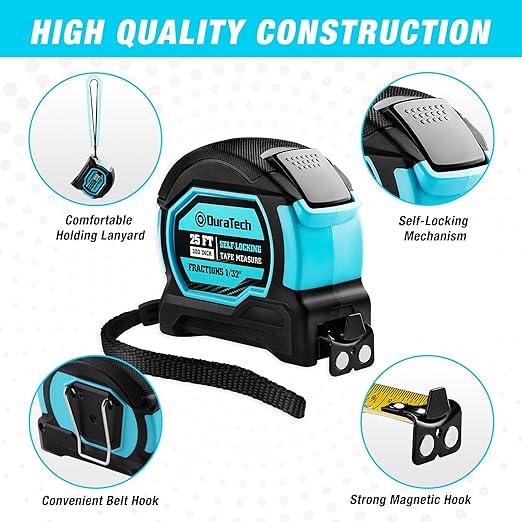 DURATECH 25FT Auto-Lock Tape Measure, Easy Read Magnetic Measuring Tape with Fractions 1/8″, Double Sided Measurement Tape with Minimum Scale 1/32″, Magnetic Hook, and Rubber Protective Casing