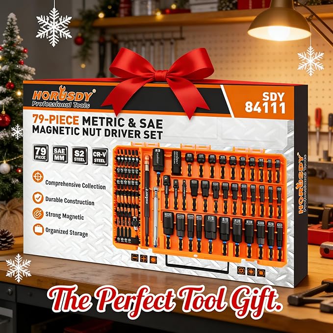 Upgraded 79-Piece Magnetic Impact Nut Driver Set, Metric & SAE with 3LB Magnetic Pickup Tool, Socket Adapters, Wing Nut Driver, Universal Sockets, Quick-Change Bit Holder & Extensions, Power Bits